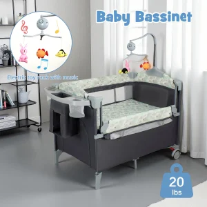 Pack n Play,Playard Bassinet with Changing Table Lockable Wheels Music Box Pack and Play Foldable Playard for Infant to Toddler