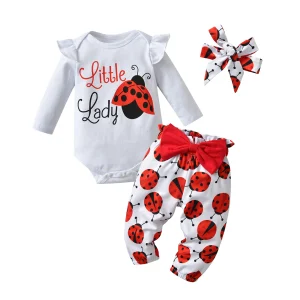Baby Girls Clothes Long Sleeve Ladybug Print Top, Pants w/Bow