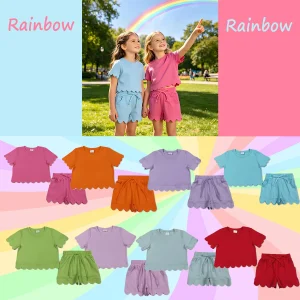 Cotton Clothes Sets for Sibling Baby Girls with Short Sleeve Top Pockets And Scallop Shorts