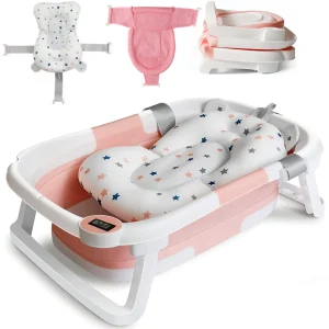 Newborn to Toddler Foldable Thermometer Non-Slip Bath Tub with Cushion