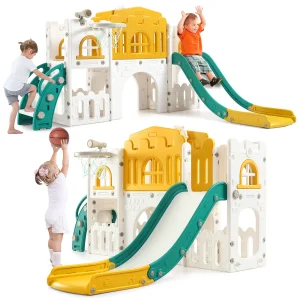 8 in 1 Toddler Slide Indoor/Outdoor Playset for Toddlers with Basketball Hoop,