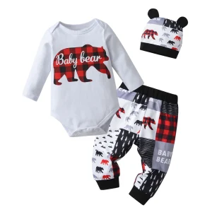 Newborn Baby Boy Long Sleeve Bear Print Romper with Hat