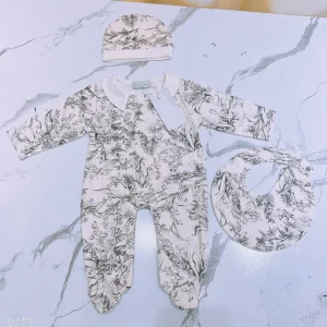 Jumpsuits Forest Print Romper, Bib, and Hat - 3 Pcs Set